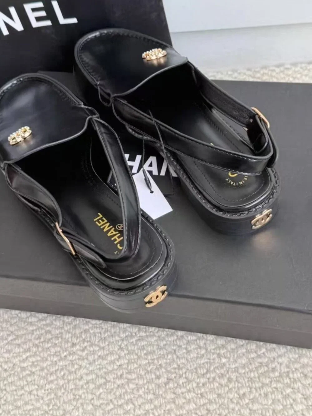 Chanel Crystal CC Logo Black Leather Slingback Loafers